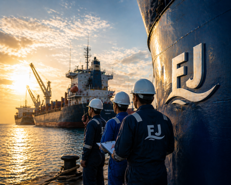 FJ Marine team managing ship chandling and marine supply operations at port