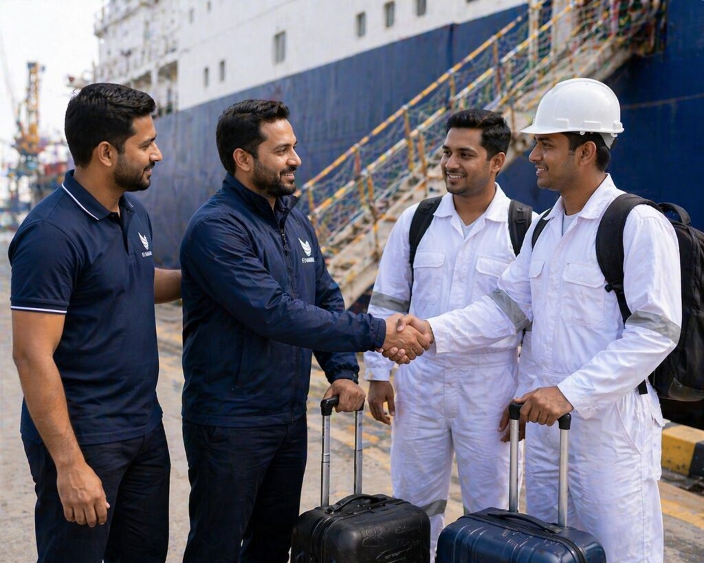 Crew members and marine staff coordinating crew change operations at port