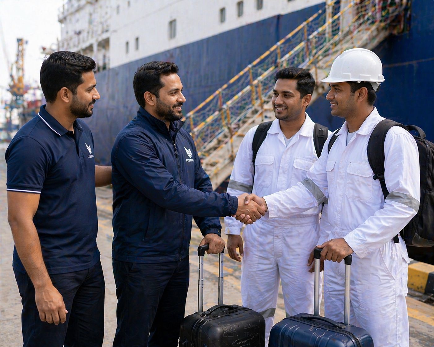 Crew members and marine staff coordinating crew change operations at port