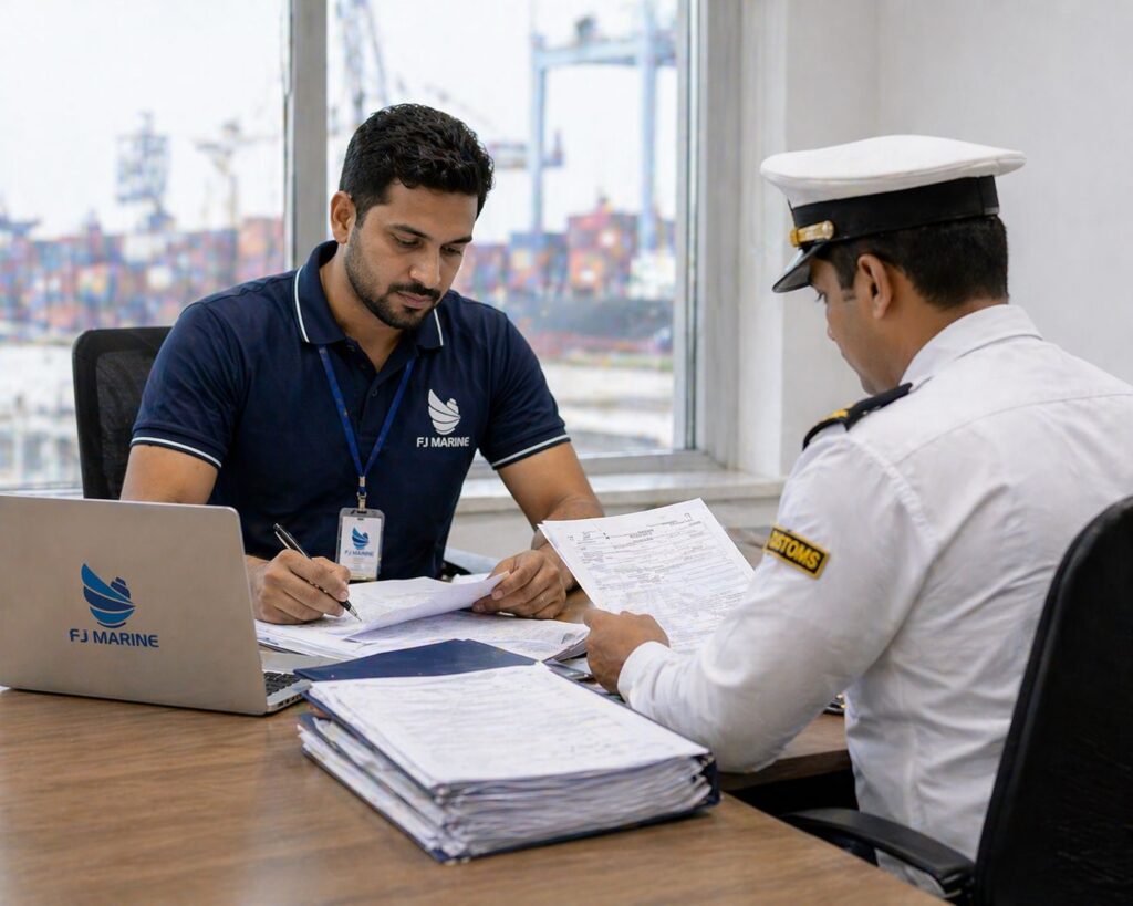 Marine staff handling documentation for customs clearance process
