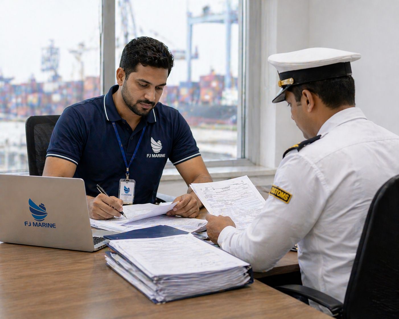 Marine staff handling documentation for customs clearance process