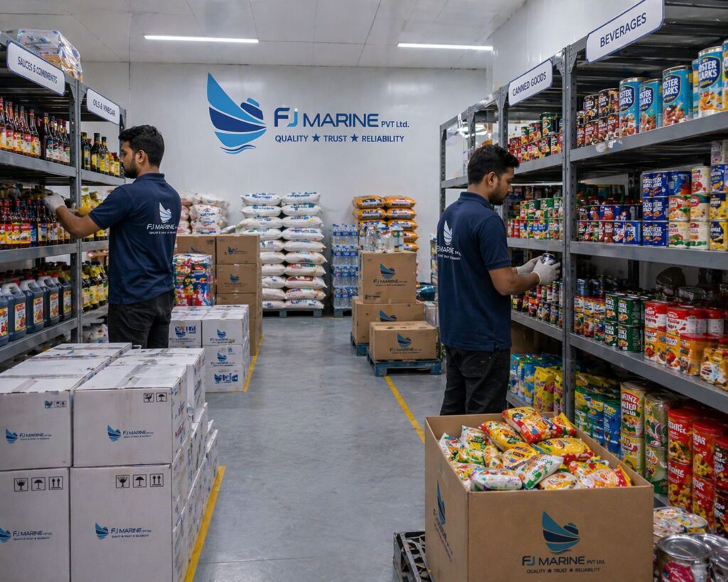 Dry food items and packaged goods stored neatly for ship provisioning