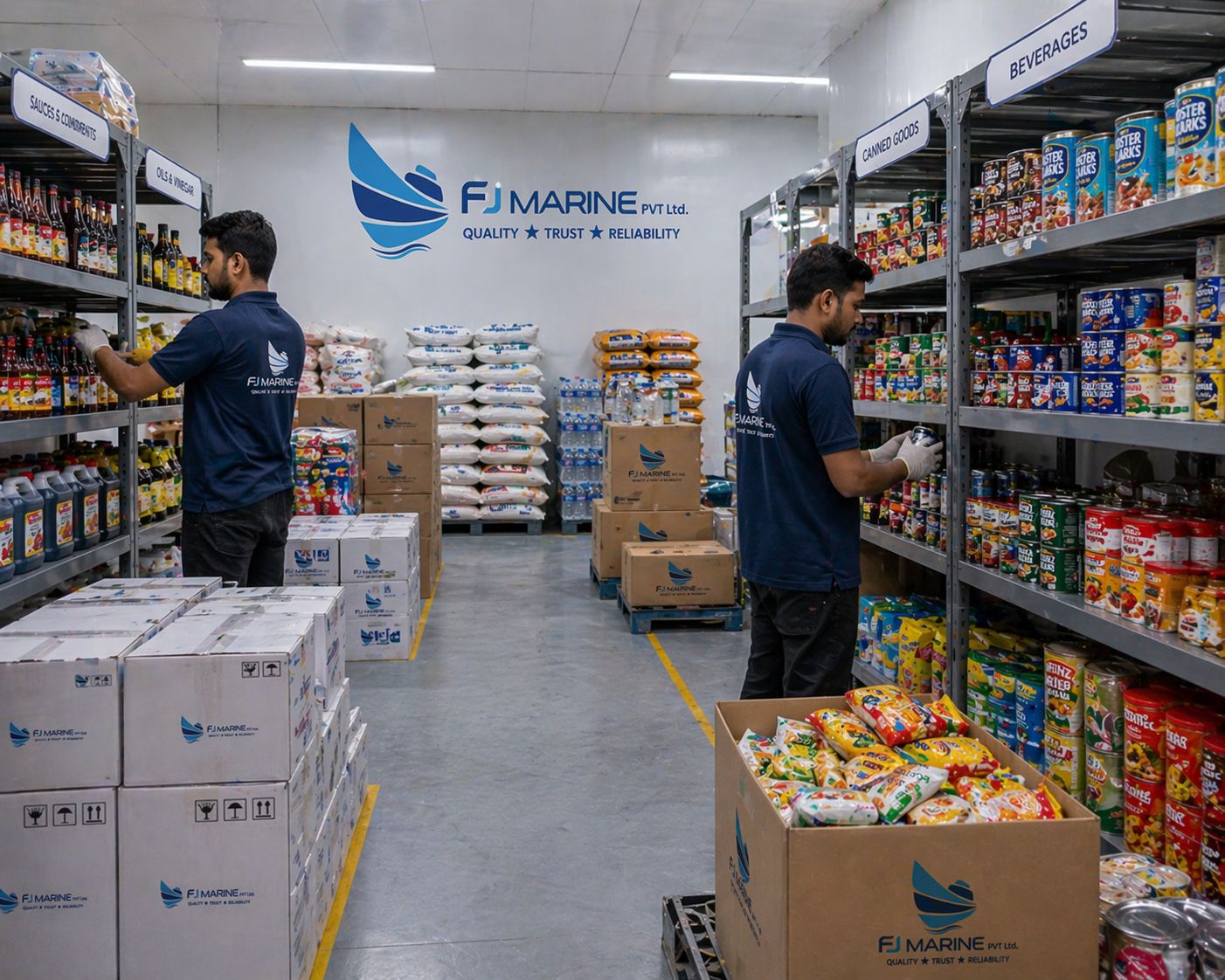 Dry food items and packaged goods stored neatly for ship provisioning