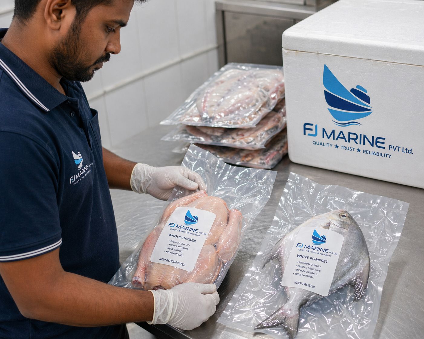 Packaged meat and poultry products stored under cold chain conditions for marine supply