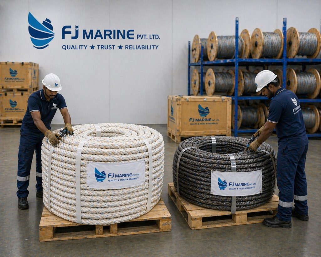 Mooring ropes and deck equipment prepared for ship operations