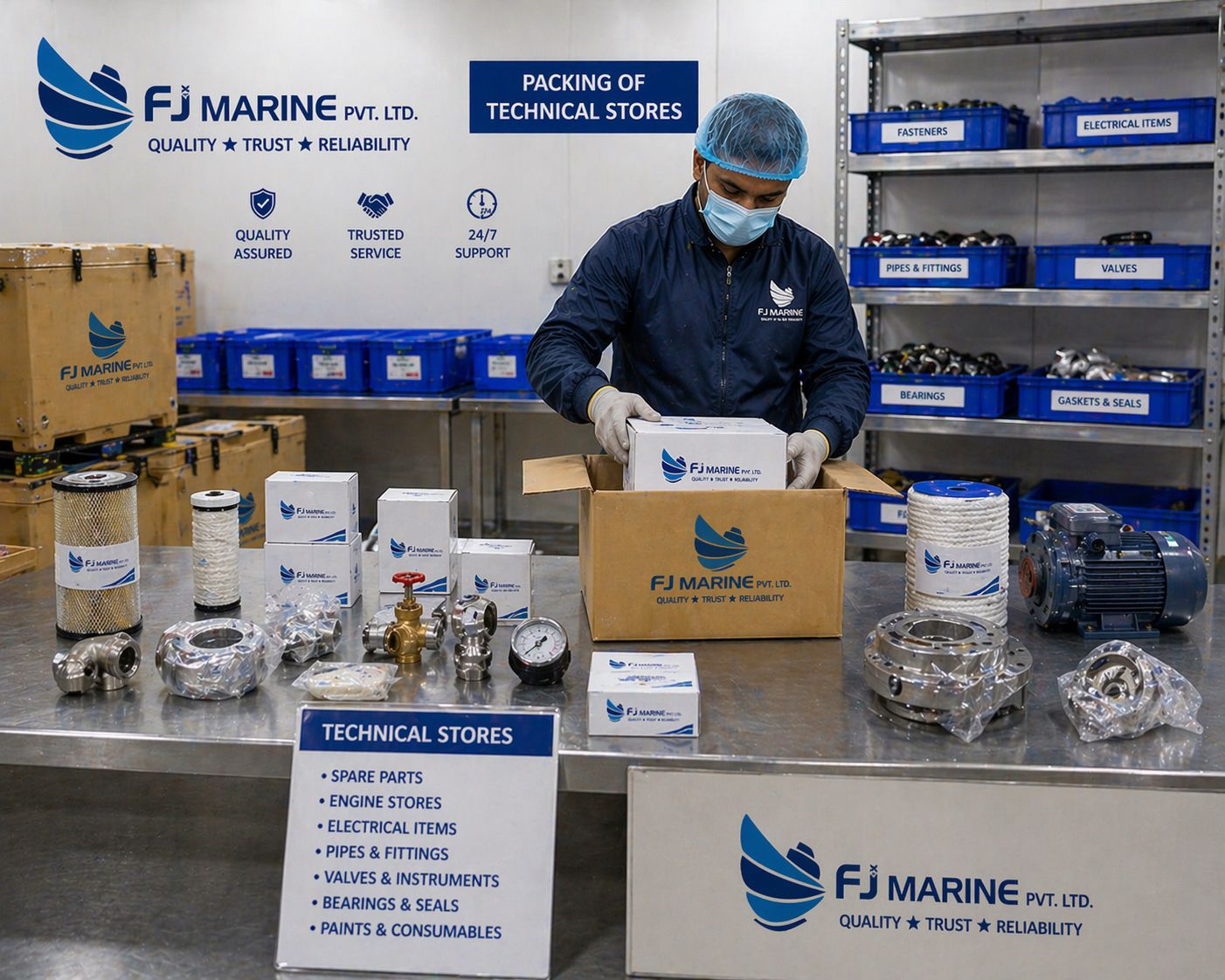 Marine technical equipment and tools arranged for ship supply
